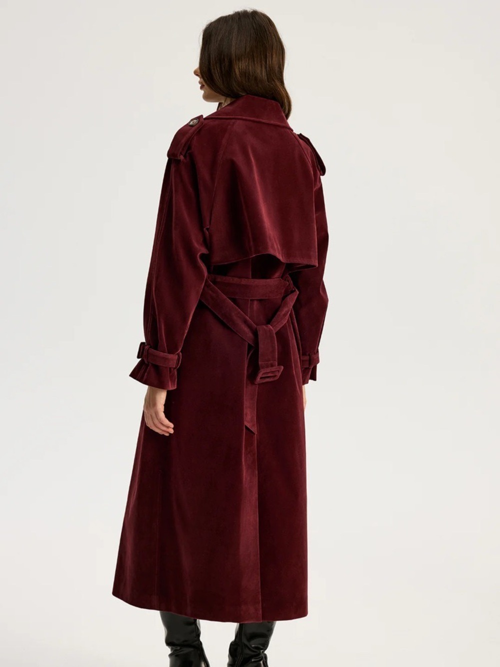 Commense Belted Double-Breasted Suede Effect Long Trench Coat - Picture 2 of 13